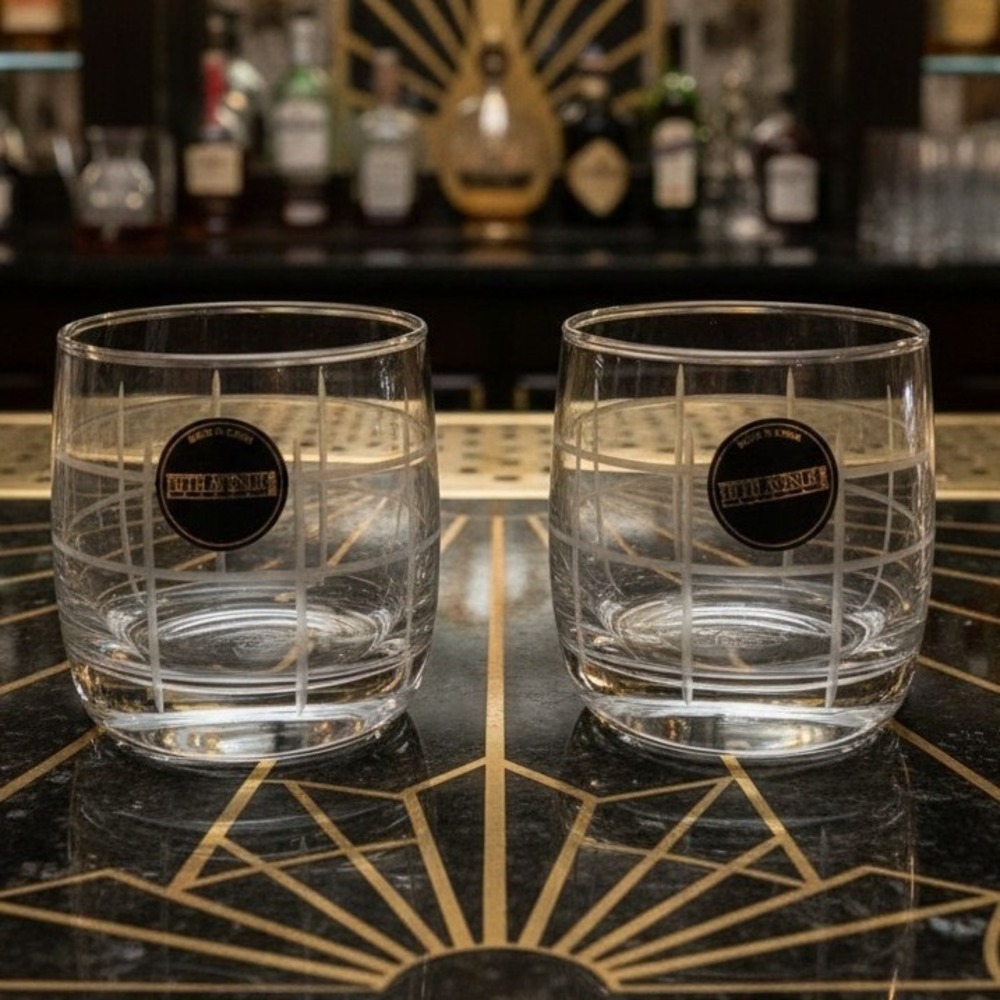 Fifth Avenue Crystal Old Fashioned Glasses, Set of 2, Clear Engrave Grid Tumbler